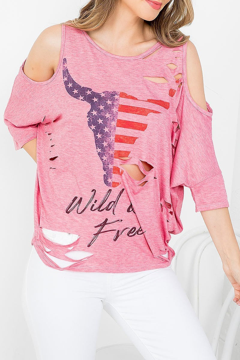 American bull head print wild n free distressed batwing top (EF3696)