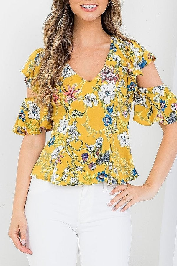 Floral print v neck cut out sleeve top (EF3553-MW1D)