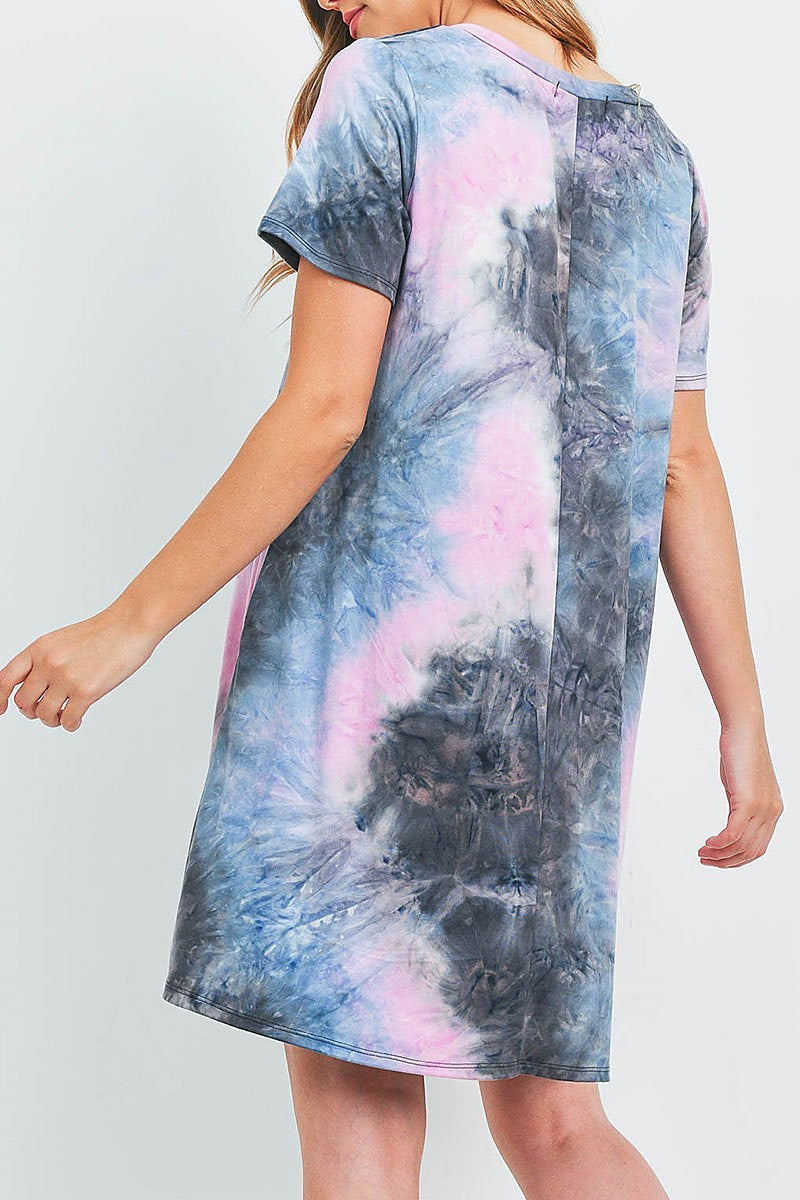 Tie dye v neck pocket swing dress (DED6476)