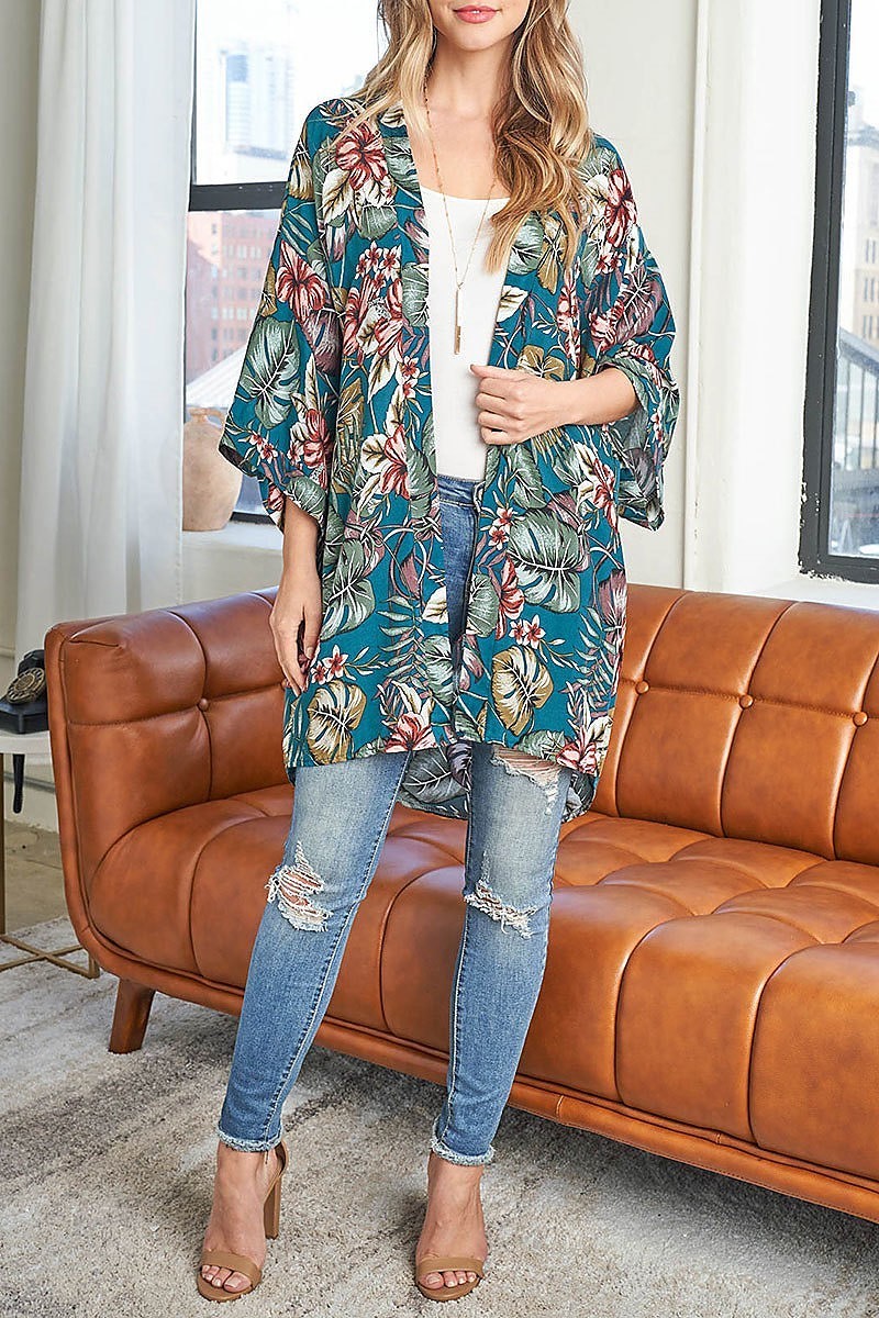 Tropical floral print open front bohemian kimono (EF3128)