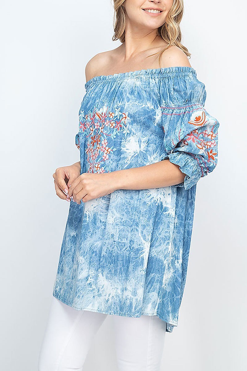 Floral embroidered off shoulder tie dye top (EF1310)