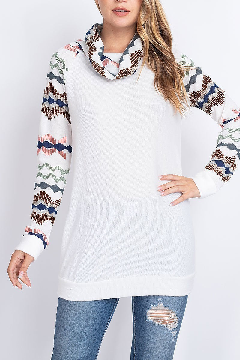 Geo print cowl and sleeve contrast top (EF1890)