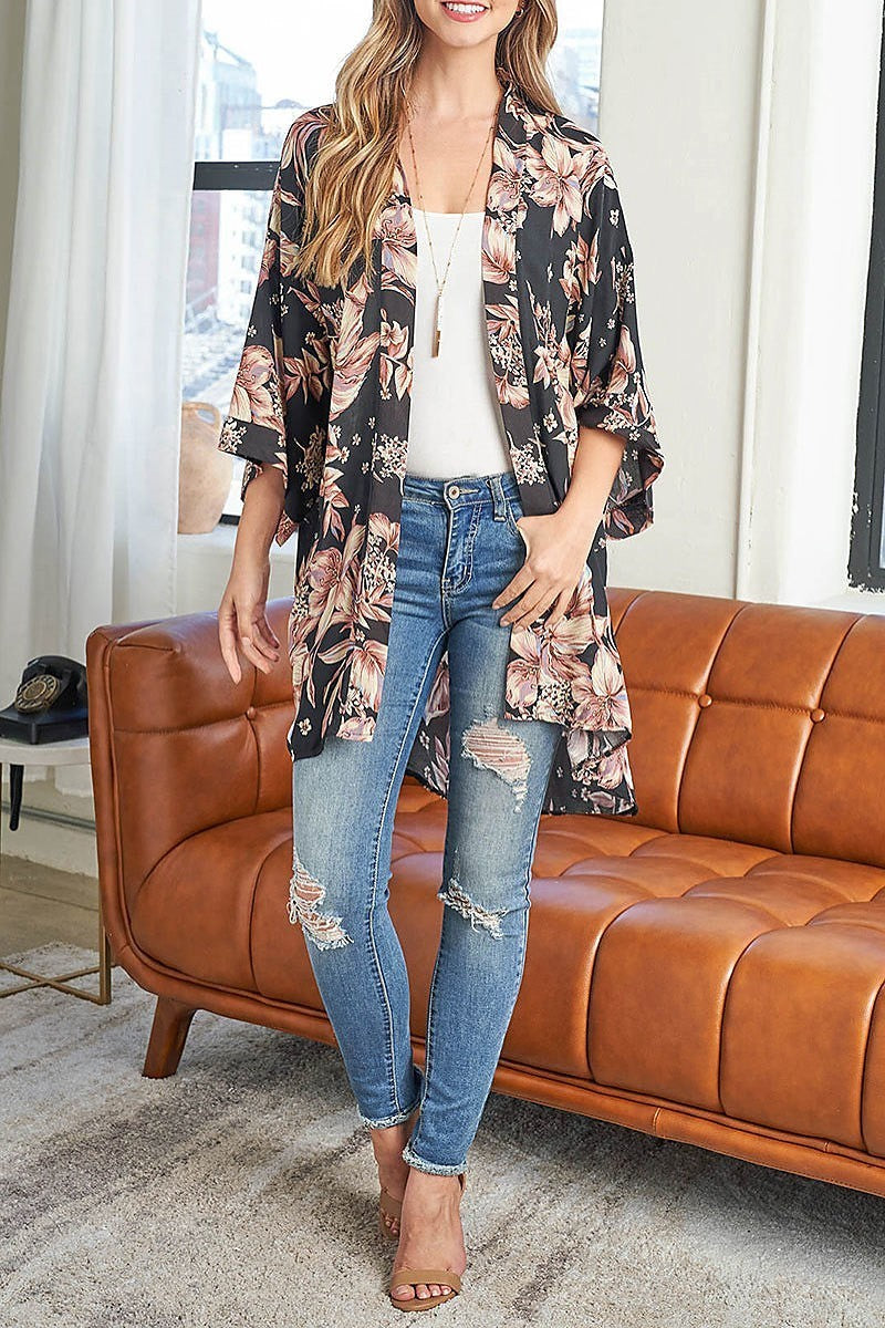 Floral print open front bohemian kimono (EF3130)