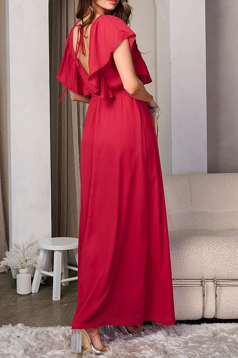 Short ruffle sleeve side slit maxi dress (EFWT8190)