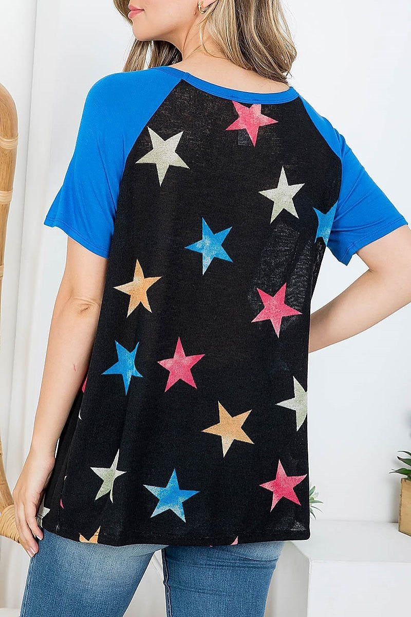 Star print scooped neckline top (EF4101)