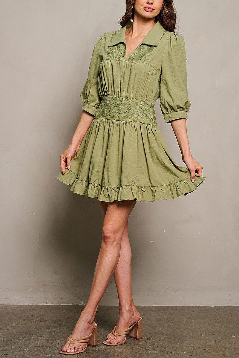 3/4 sleeve smock ruffle v-neck detailed mini dress (EGWT1822)