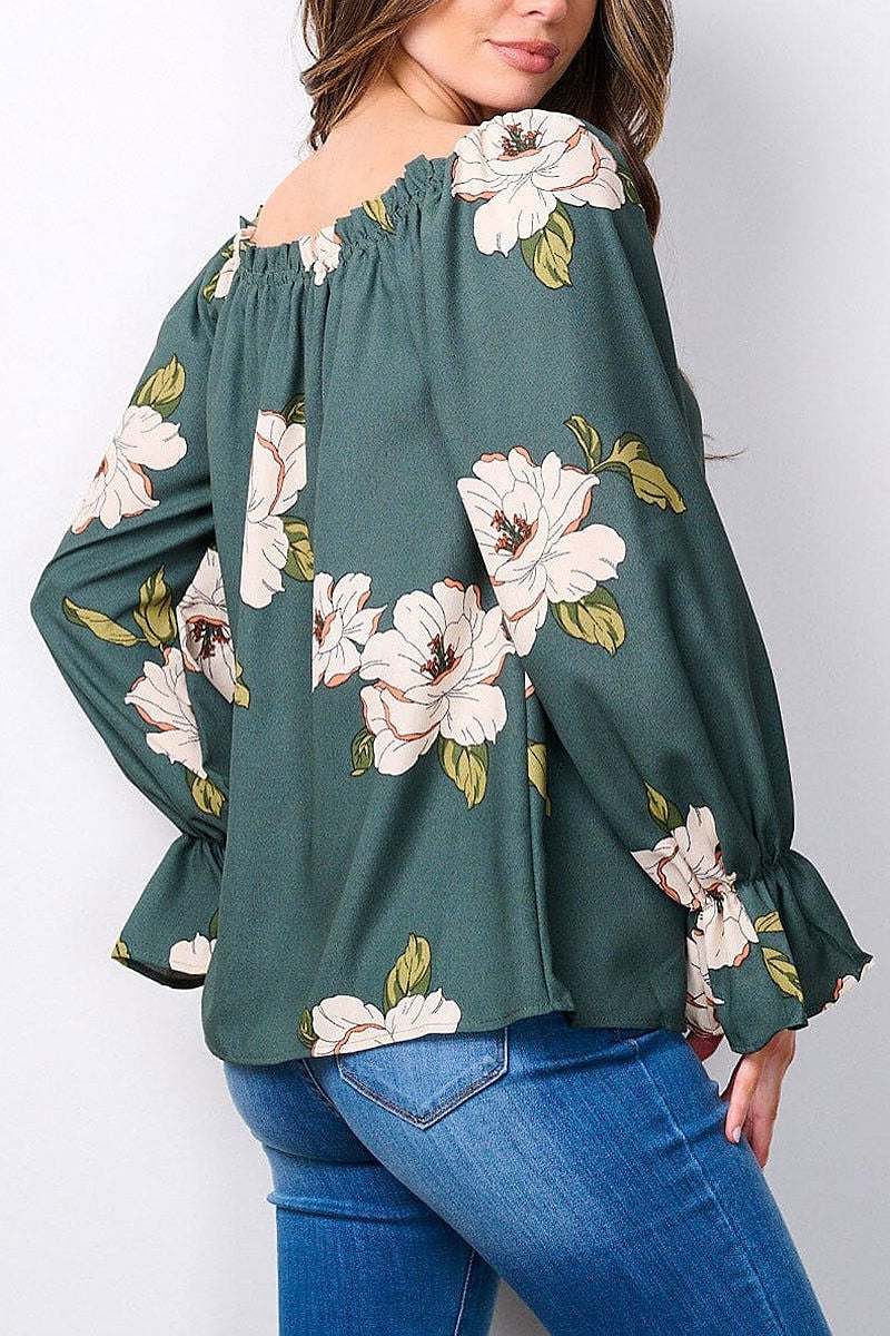 Long sleeve elastic neck floral blouse top (EFWT7481)