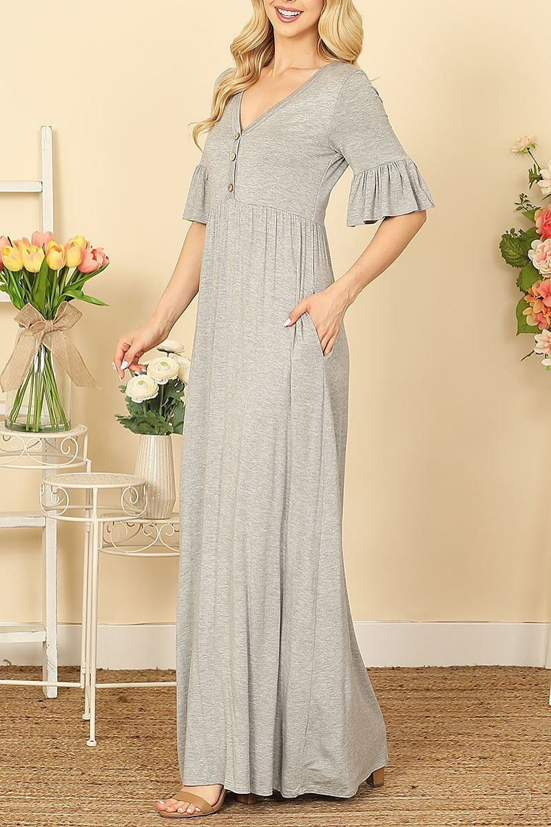 V-neck button detail side pocket solid maxi dress (DED9441)