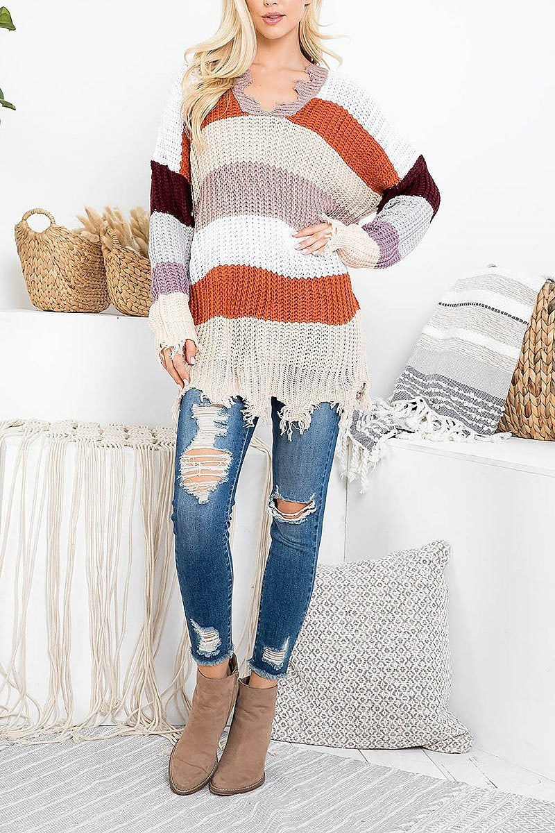 Distressed detail color block sweater (DGS5366-2)