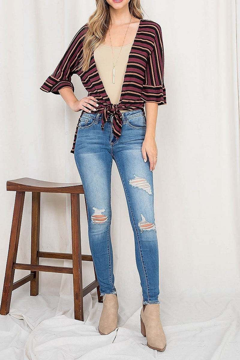 Waist tie bell sleeve multi stripe hi lo cardigan (DGS5530)