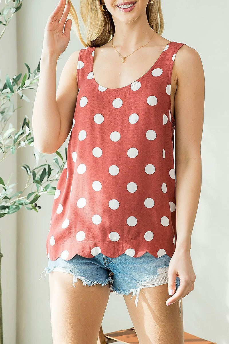 Scalloped hem polka dot scoop neck top (EF3946)