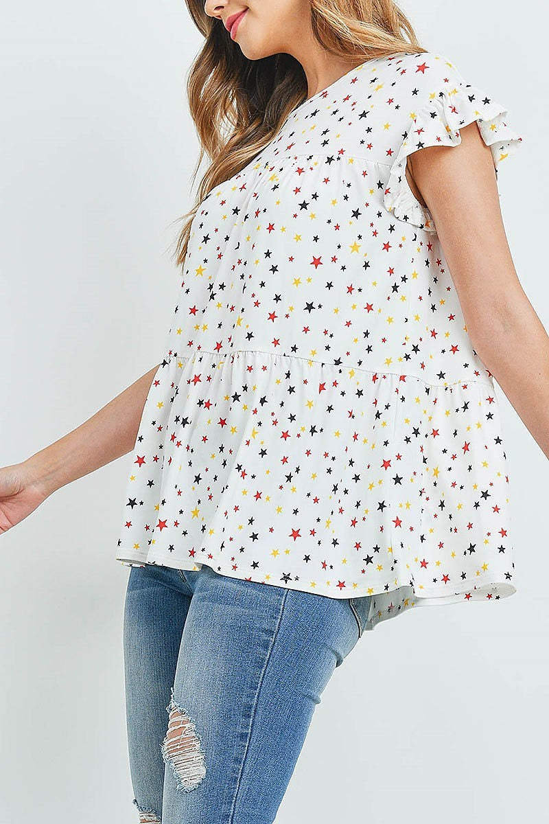 Multi color stars ruffle cap sleeve tiered top (EF1180)