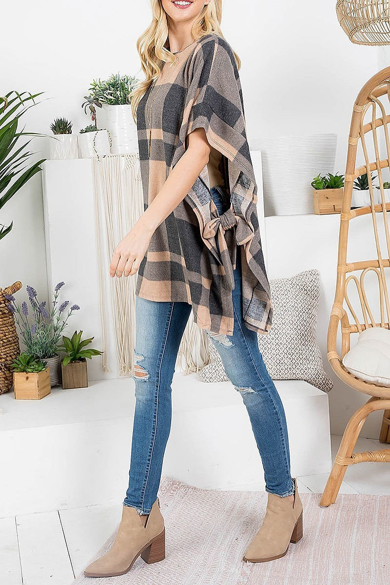 Crew neck plaid kimono poncho (EF2827)