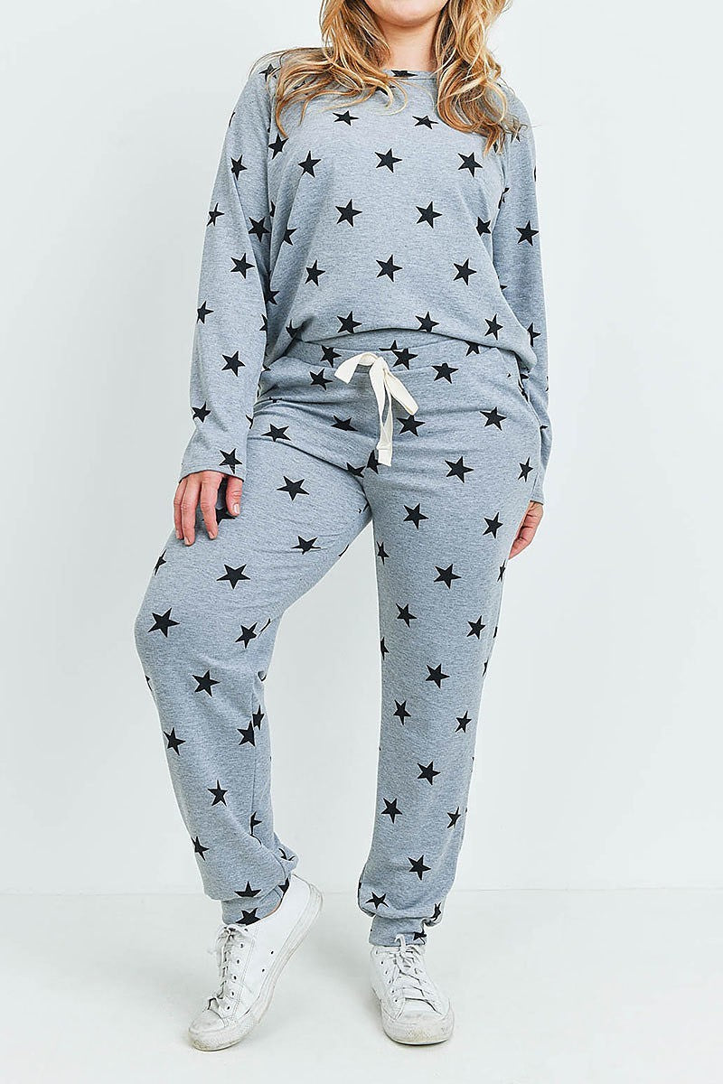 Plus size star print top and joggers set with self tie (XDG7033)