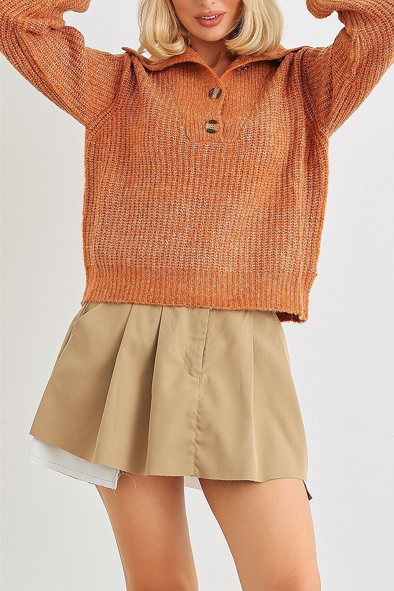 Wool knit button up neck crop sweater (TED2056)