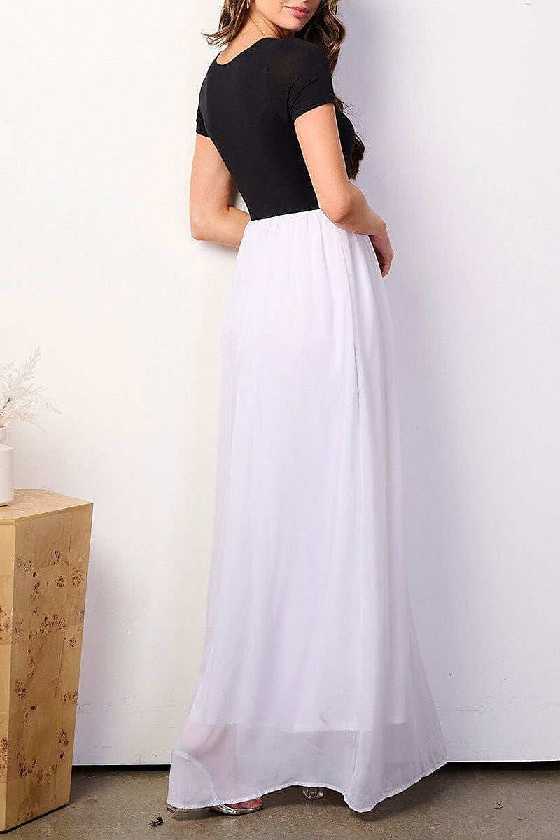 Short sleeve elastic waist colorblock maxi dress (EFWT8912)