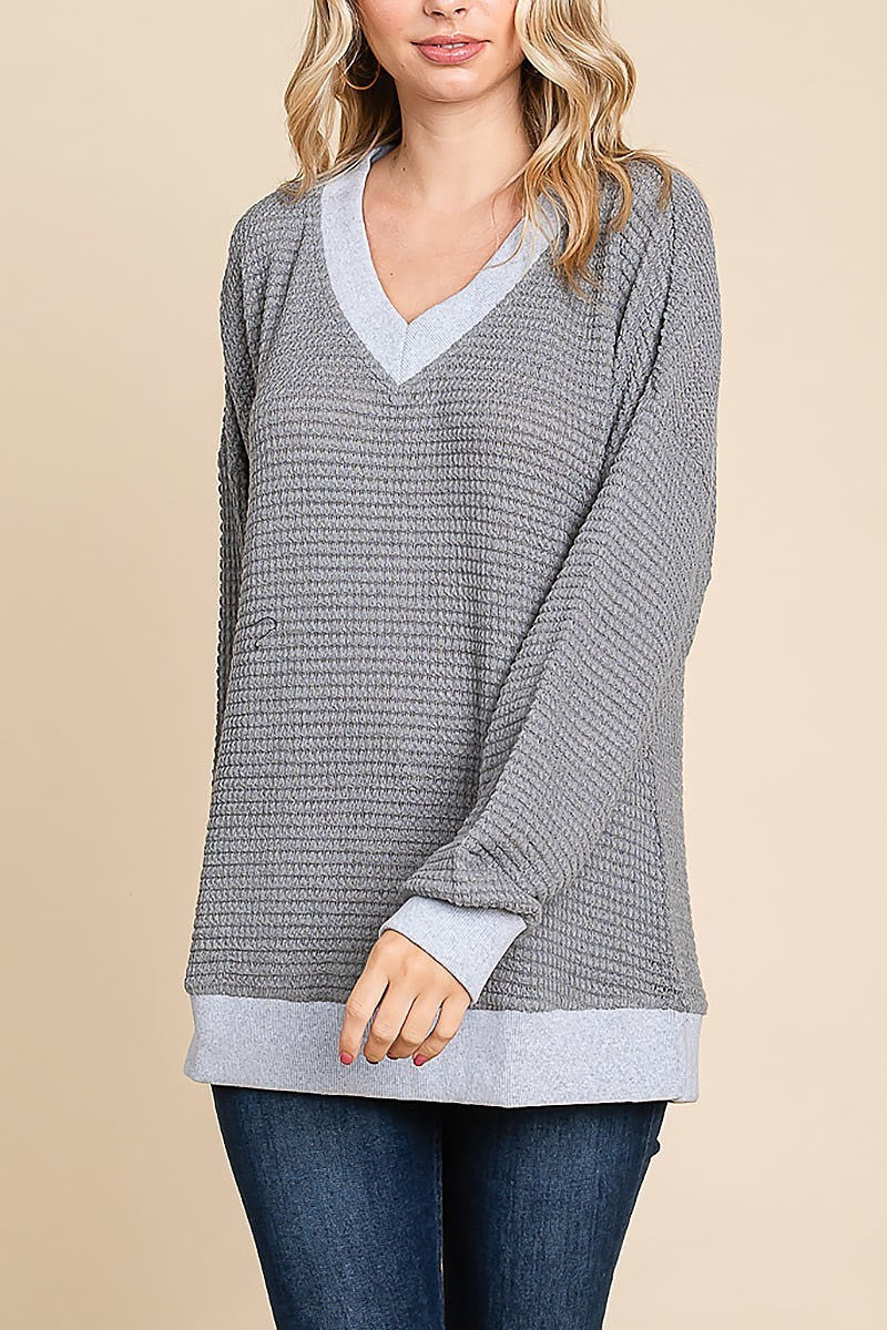 Contrast v-neck waffle knit sweater (EDH1539)