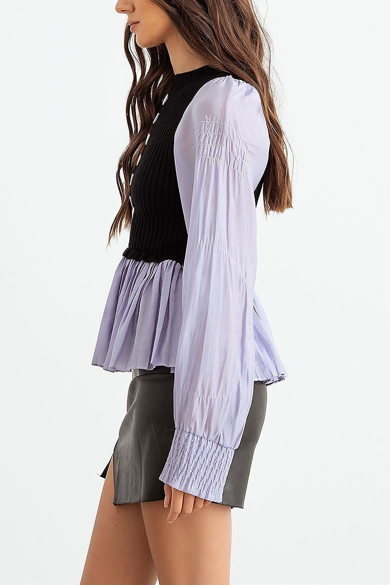 Ribbed bodice button up pleated hem shirt (TED2228)