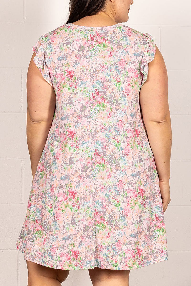 Floral ruffled short sleeves plus size midi dress (EDSW4197)