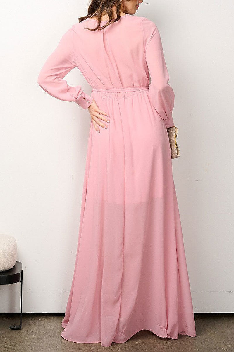 Long sleeve elastic waist surplice mesh maxi dress (EFWT6916)