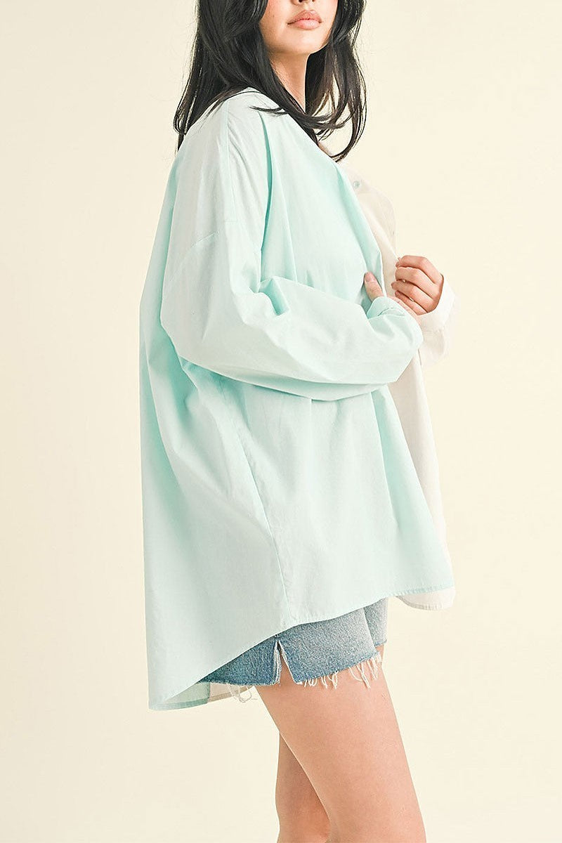 Long sleeve button up colorblock oversized top (EGWT2318)