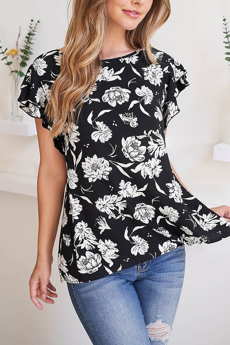 Merrow detail ruffle sleeve floral top (EF2584)