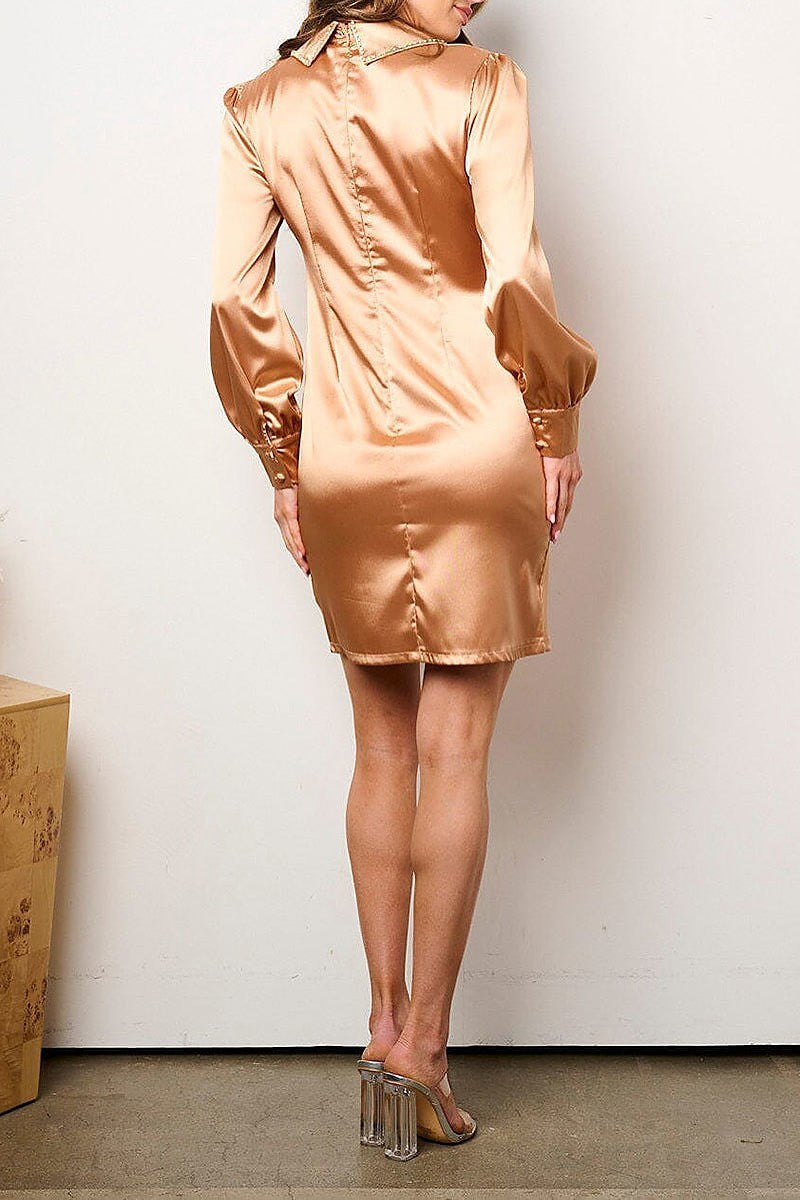 Long sleeve bodycon studs satin mini dress (EFWT8807)