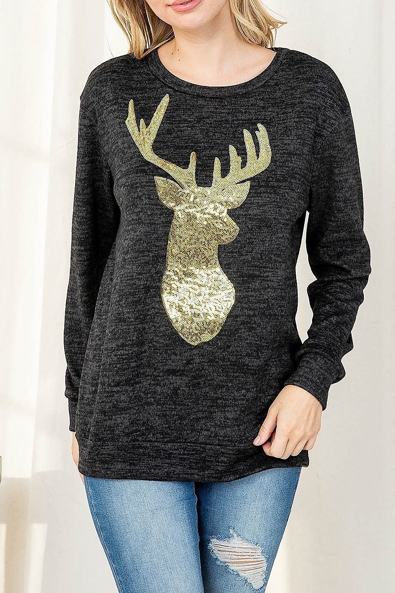 Brushed hacci sequins reindeer shape top (EF2505)