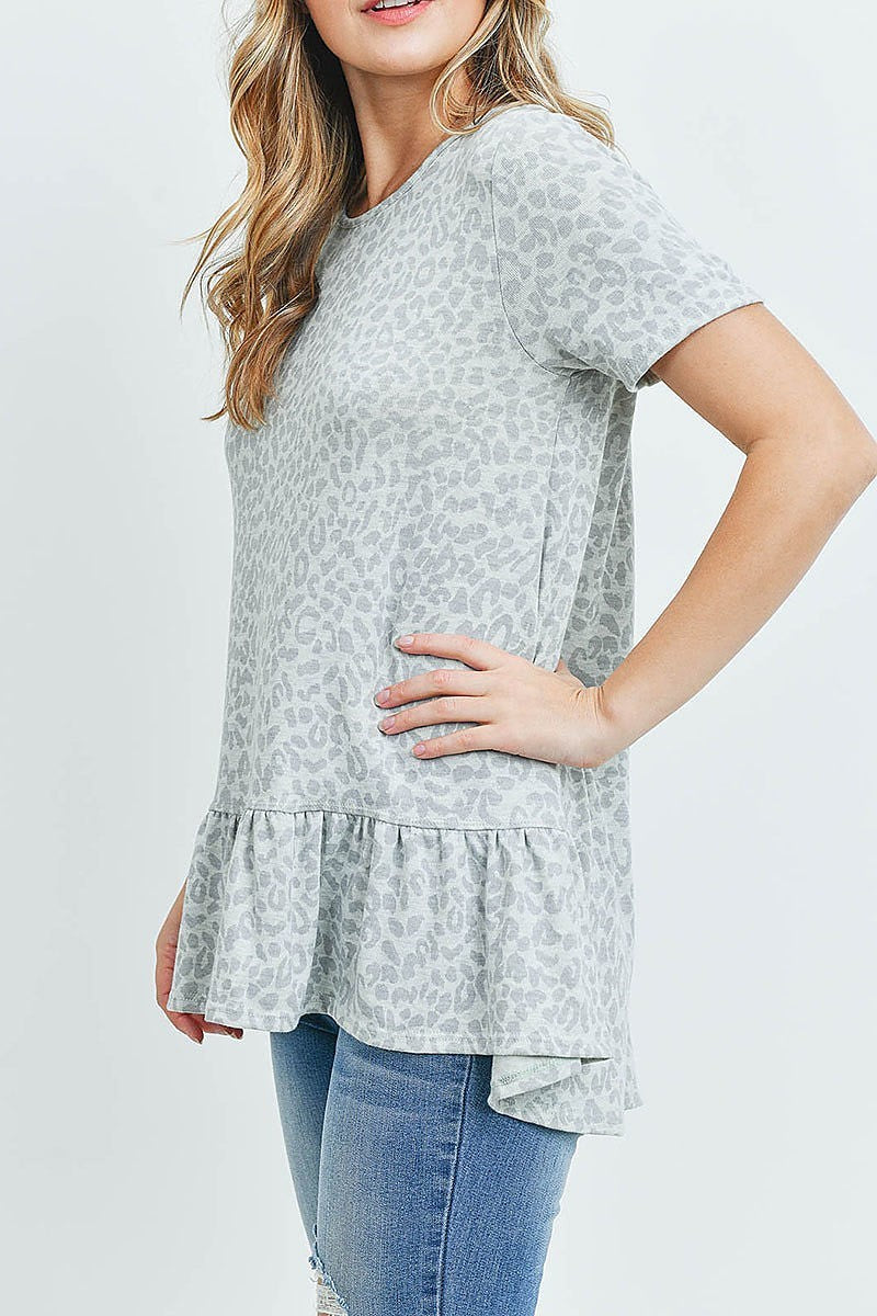 Short sleeved ruffle detail hem leopard tunic (ED9022-2)