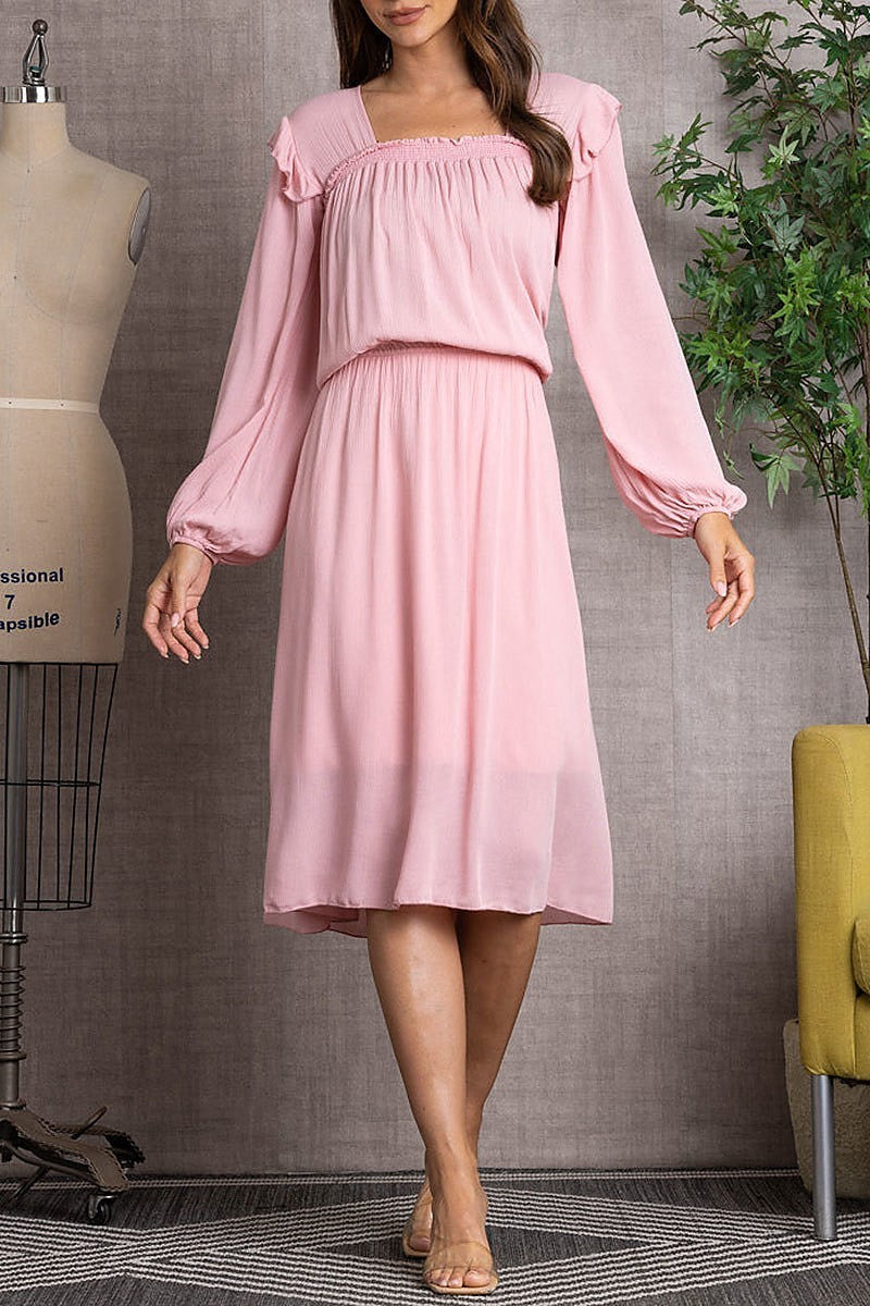 Square neckline bishop sleeves midi dress (EDSW3284)