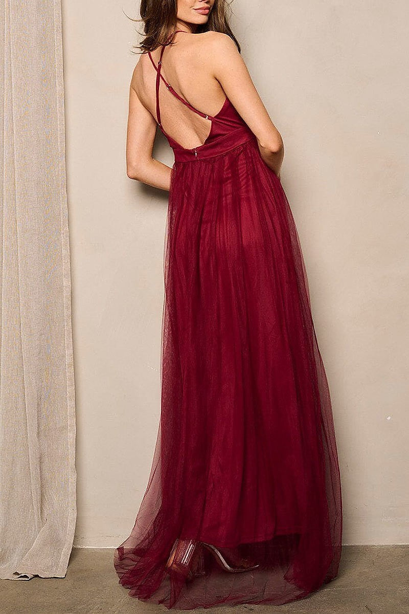 Sleeveless v-neck open back maxi gown dress (EFWT5257)