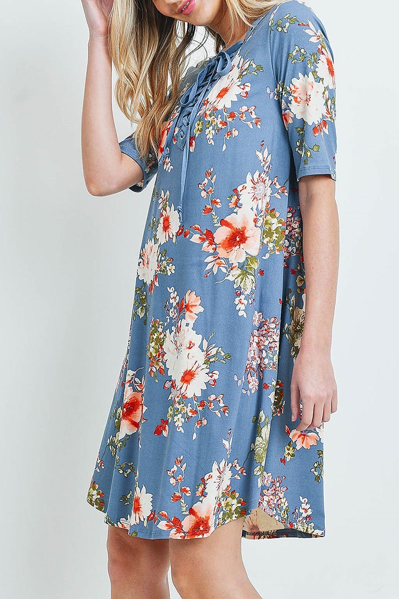 Lace up detail floral print tunic dress (DED5914-LAST)