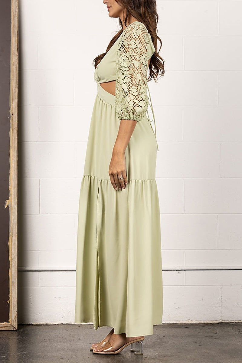 V-neck 3/4 lace sleevesopen back maxi dress (EDSW4015)