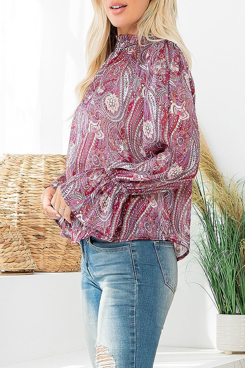 Ruffle turtle neckline paisley top (EF6094)