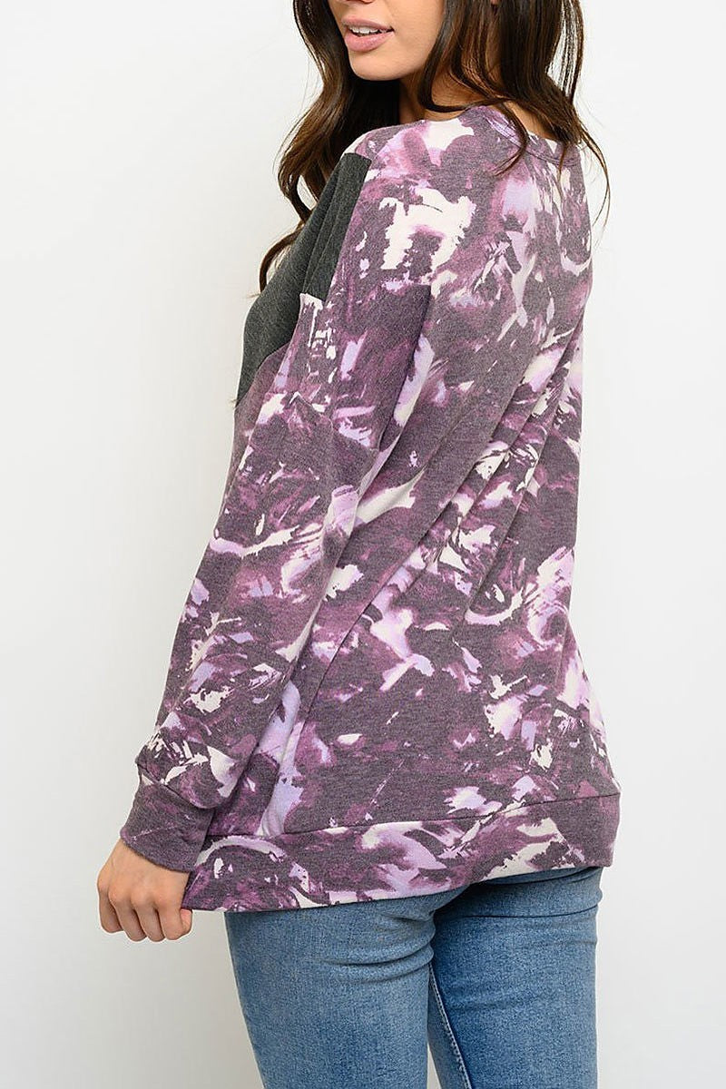 Long sleeve tie dye contrast top (EDWT3052)