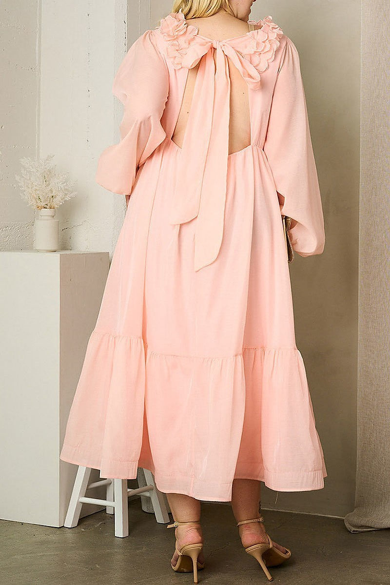 Long sleeve v-neck ruffle back tie maxi dress (EFWT1632)