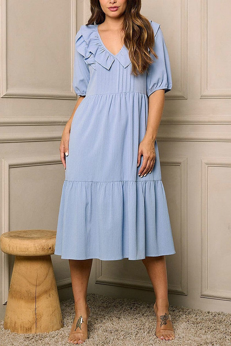 Short sleeve v-neck tiered midi dress (EFWT6405)