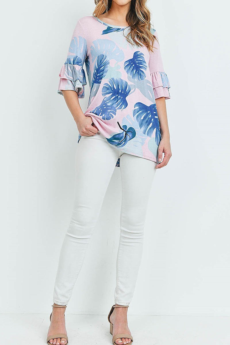 Bell sleeve leaves print tunic blouse top (ED8880-2)