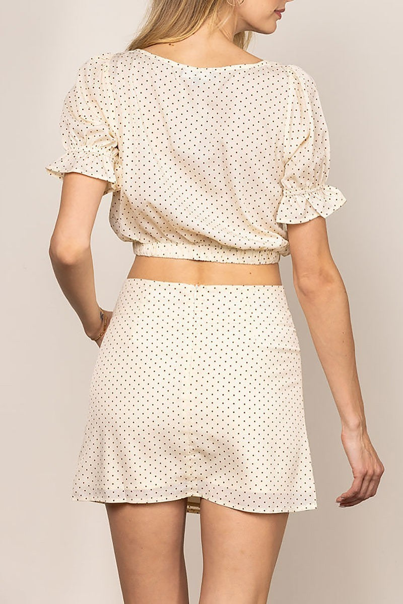 Polkadots puff sleeves crop top and mini skirt set (EDSW4306)