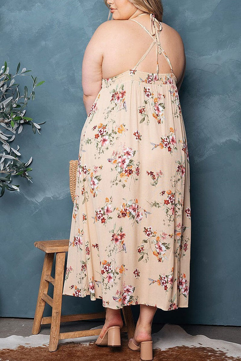 Sleeveless neck tie floral maxi dress (EDWT9570)