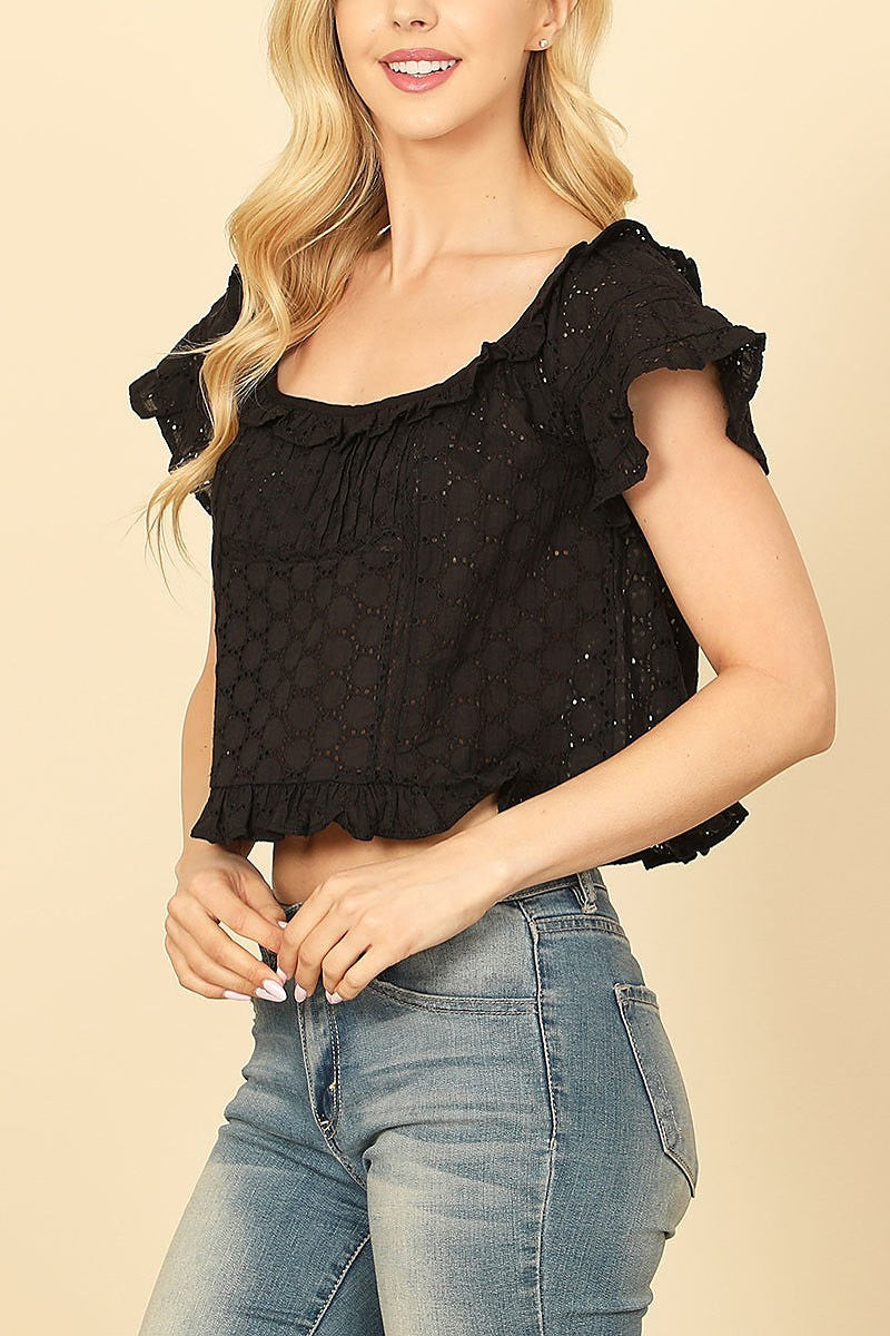 Short ruffle sleeve eyelet detail crop top (EF7486)