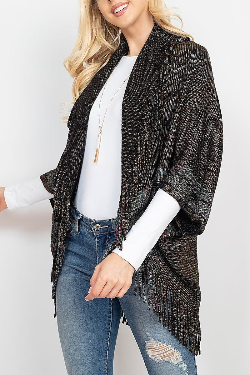 Borderline knitted fringe ruana kimono (DGS5294)