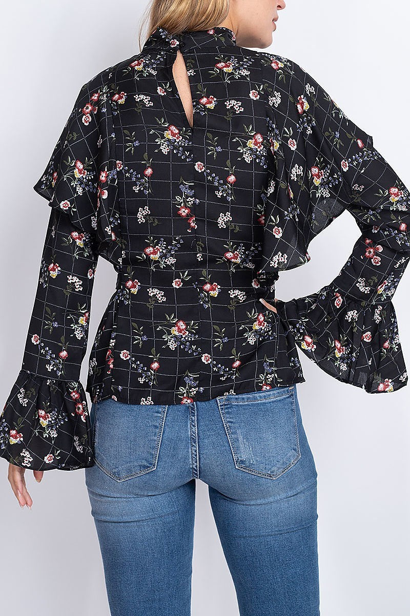 Floral plaid ruffle detail bell sleeve top (EF1916)