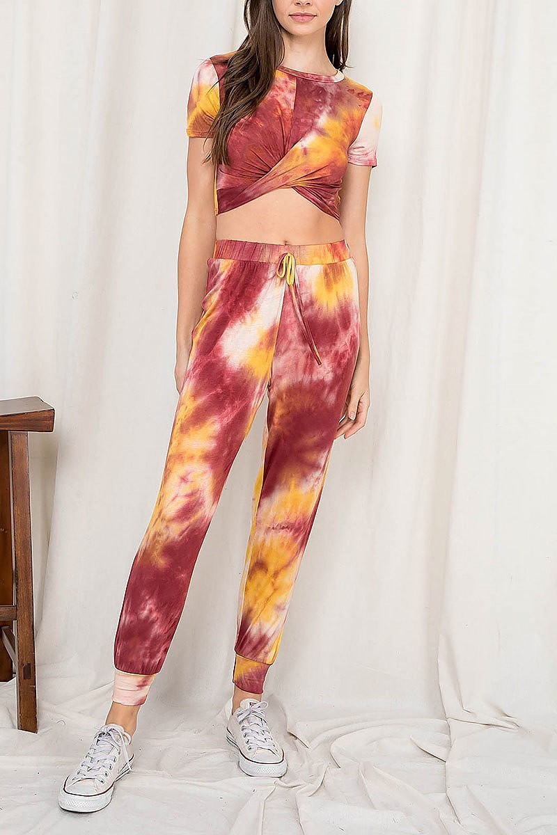 Twist front tie dye crop top and jogger pants set (EF2680)