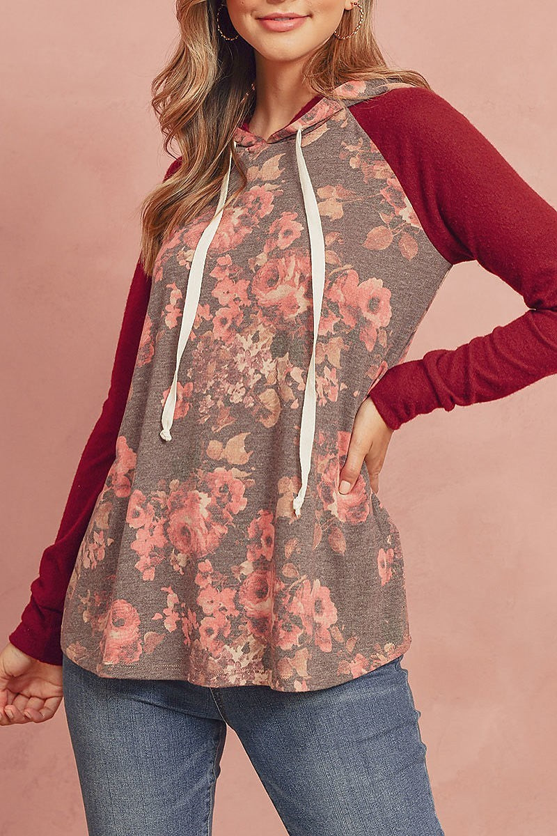 Floral hacci sleeved contrast hoodie with drawstrings (ED8158-59)