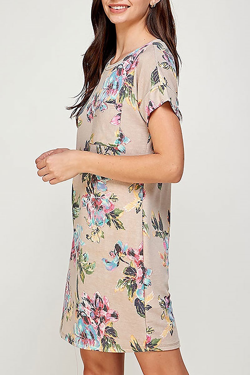 Round neck floral print pocket dress (DED6405)