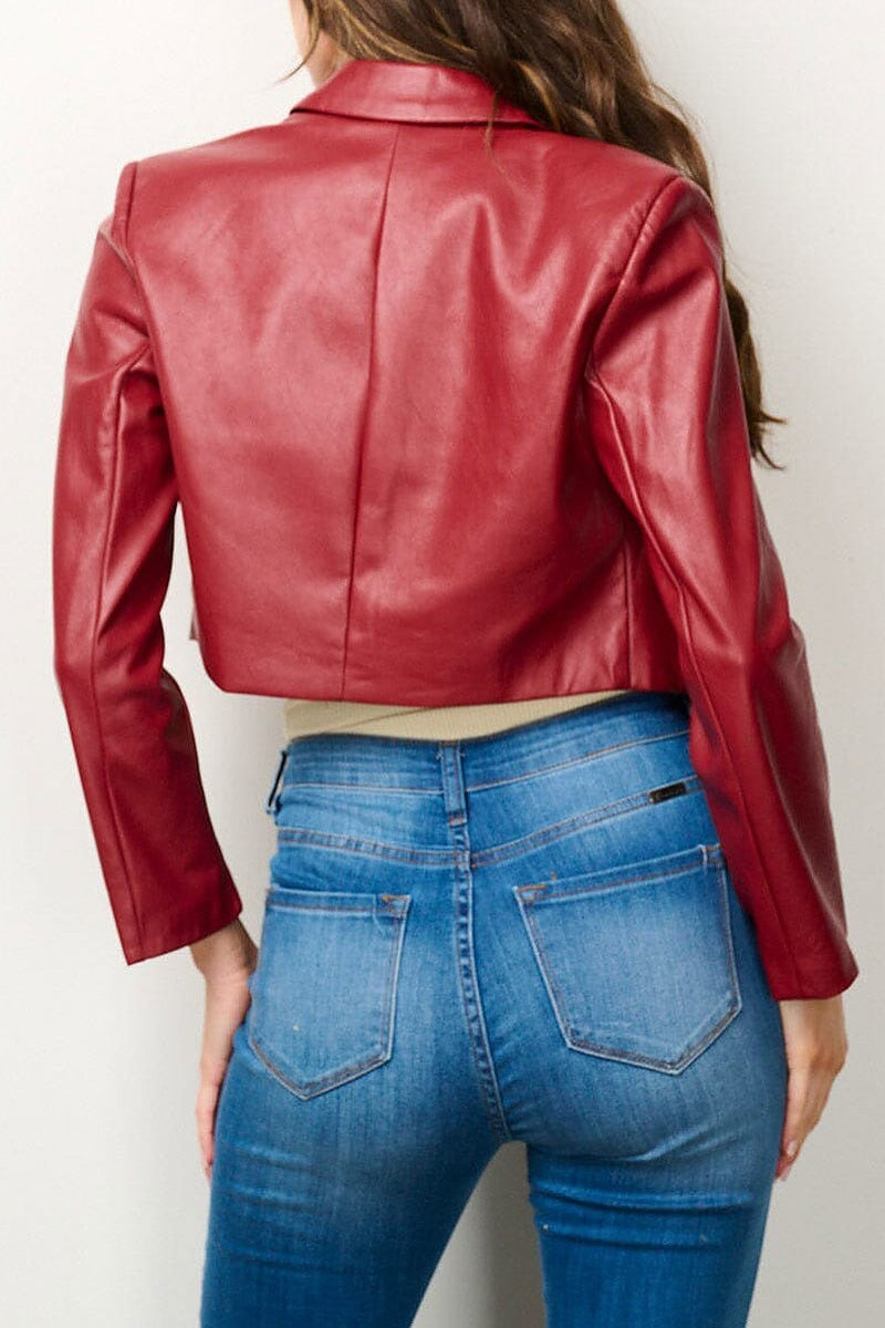 Long sleeve button closure pu pleather crop blazer (EFWT6943)