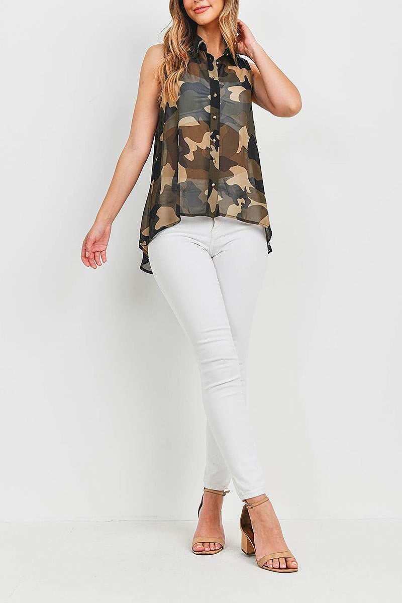 Button front sheer camo top (EF1069)