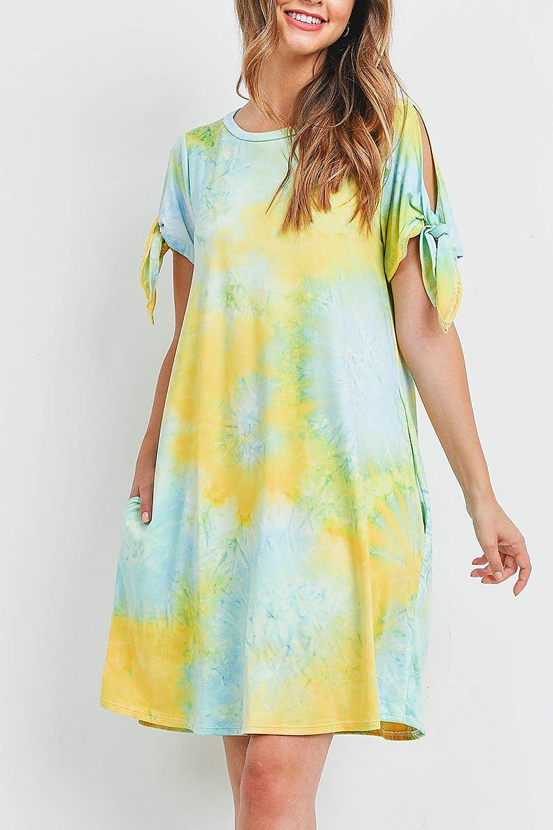 Tie sleeve round neck tie dye dress with inseam pocket (DED6587)