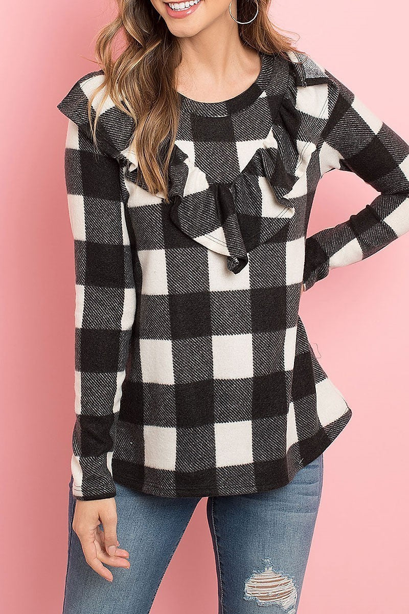 Brushed plaid ruffle detail long sleeve top (EF7893)